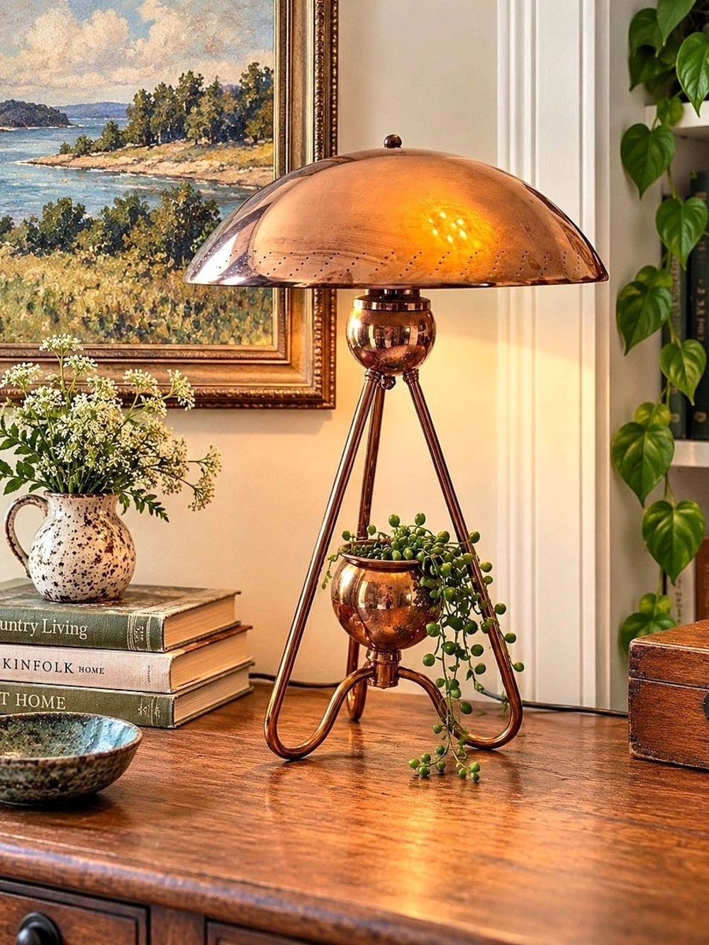 Vintage Copper Tripod Lamp, Mushroom Shade